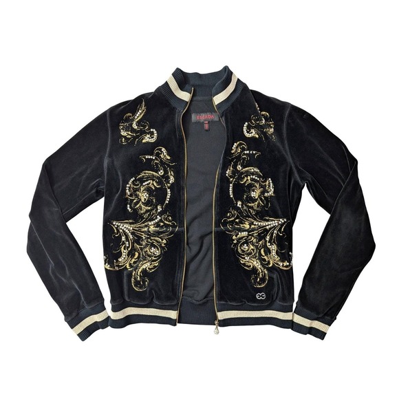 Escada Jackets & Blazers - Vintage Escada Velvet Bomber Jacket Gold Baroque Rhinestone Zip EU 36 Y2K‎